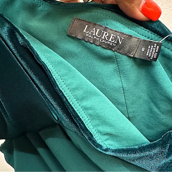 RALPH LAUREN Womens Chiffon One-Shoulder Cocktail Dress Green Chiffon Velvet NWT - Picture 10 of 10